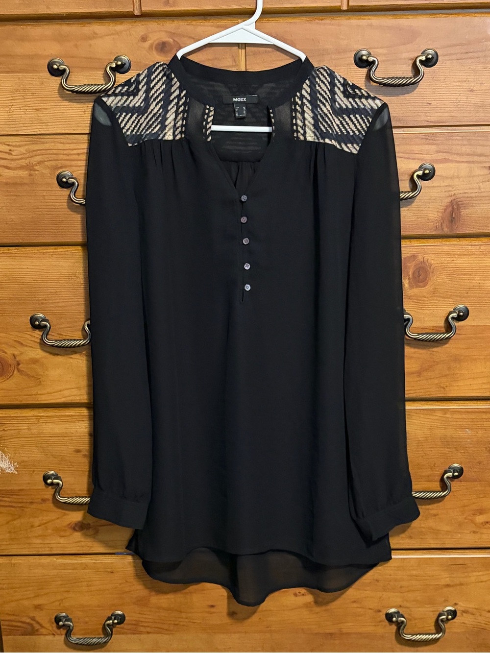 Mexx Black Blouse with Patterned Yoke